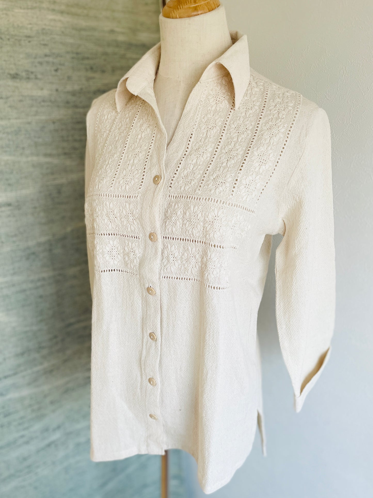 Camisa organica | きなりのアオポイ開襟シャツ